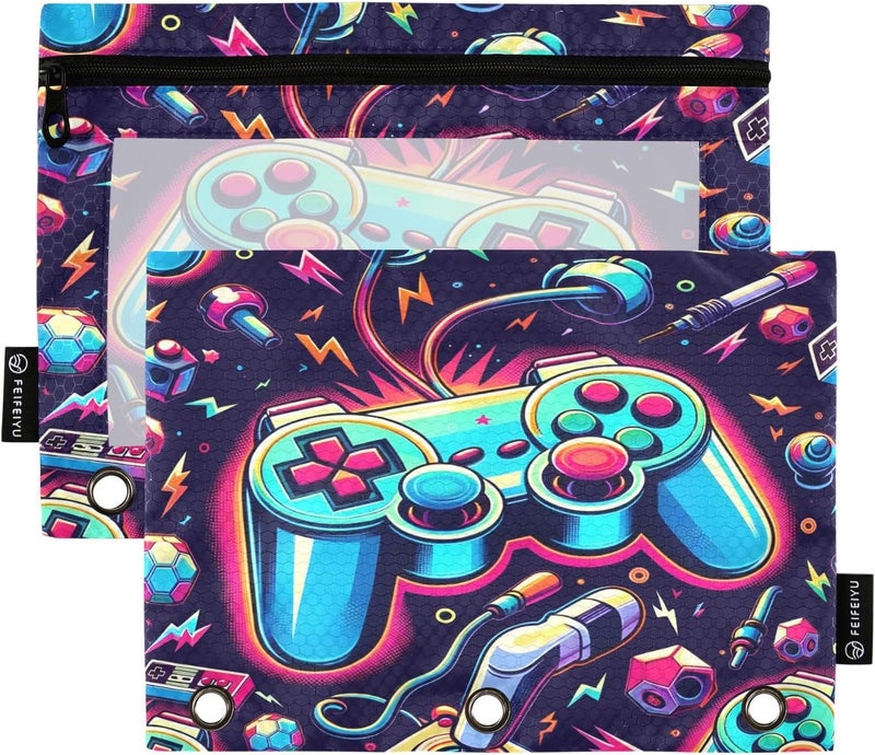 BOENLE Bright Game Joystick Pencil Pouch for 3 Ring Binder, 2 Pack Waterproof Pencil Bags Clear Window Zipper School Office Supplies - Image 1